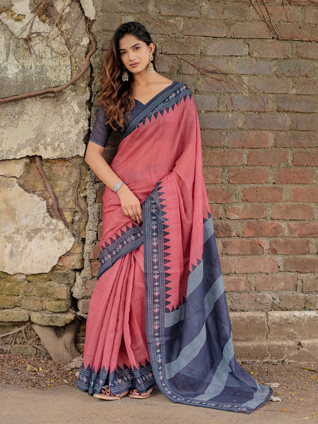 Rose Pink Mul Cotton Saree with Navy Blue Printed Border, Statement Pallu & Tassels | Office & Casual Wear