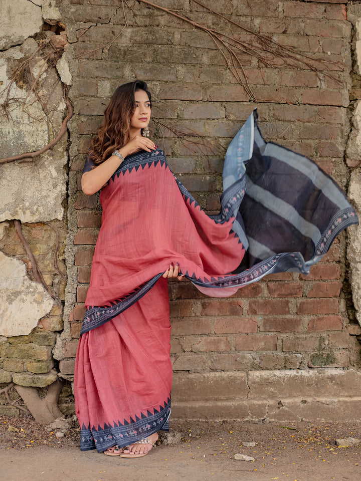 Rose Pink Mul Cotton Saree with Navy Blue Printed Border, Statement Pallu & Tassels | Office & Casual Wear