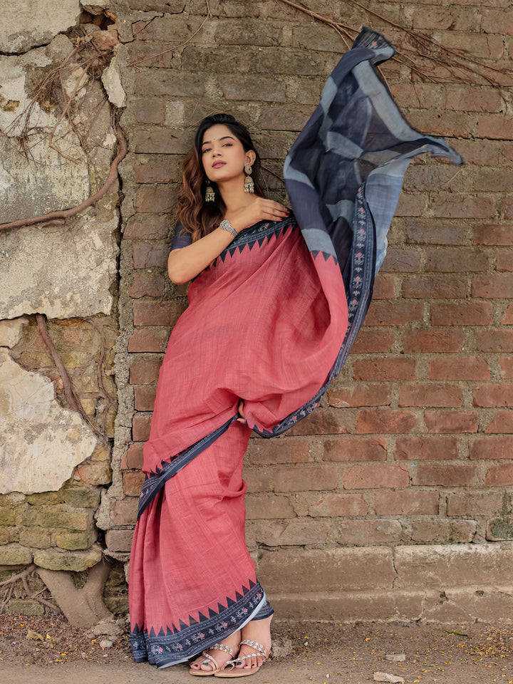 Rose Pink Mul Cotton Saree with Navy Blue Printed Border, Statement Pallu & Tassels | Office & Casual Wear