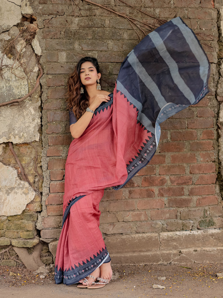 Rose Pink Mul Cotton Saree with Navy Blue Printed Border, Statement Pallu & Tassels | Office & Casual Wear