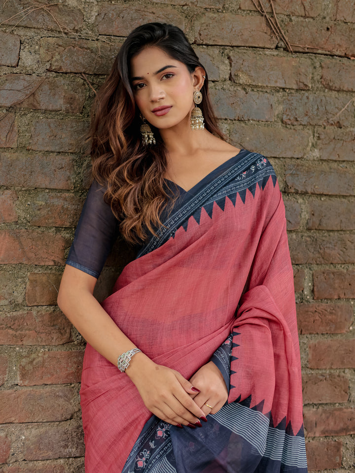 Rose Pink Mul Cotton Saree with Navy Blue Printed Border, Statement Pallu & Tassels | Office & Casual Wear