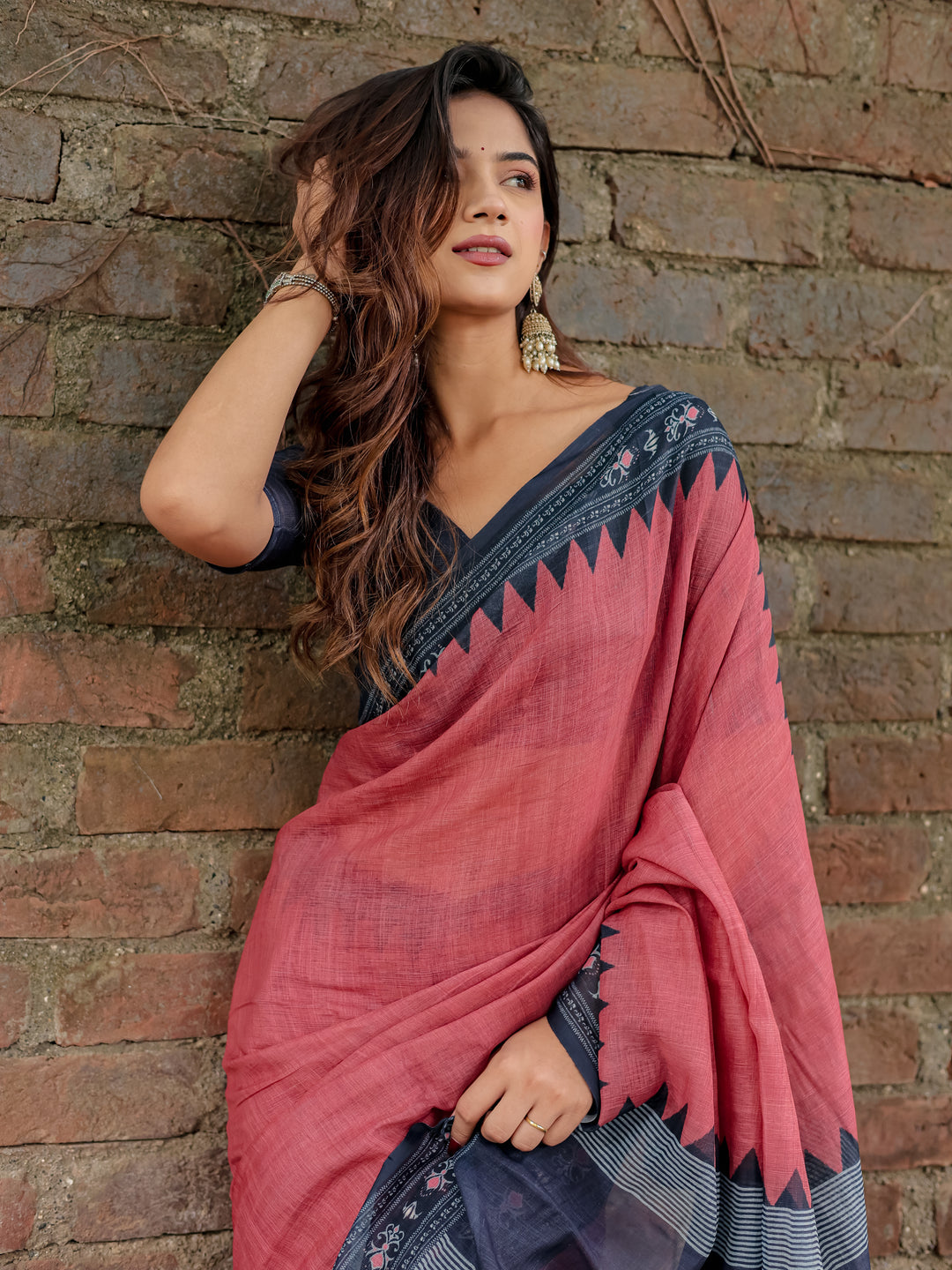 Rose Pink Mul Cotton Saree with Navy Blue Printed Border, Statement Pallu & Tassels | Office & Casual Wear