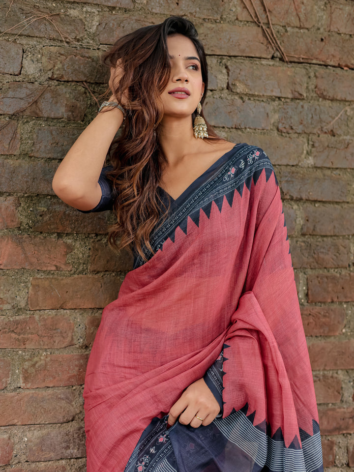 Rose Pink Mul Cotton Saree with Navy Blue Printed Border, Statement Pallu & Tassels | Office & Casual Wear