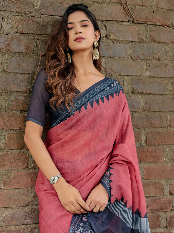 Rose Pink Mul Cotton Saree with Navy Blue Printed Border, Statement Pallu & Tassels | Office & Casual Wear