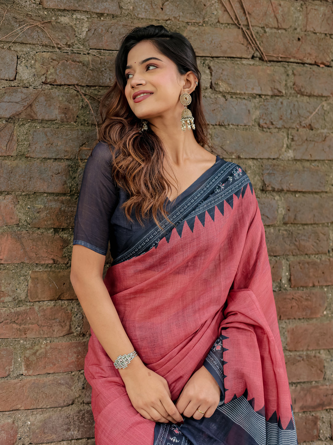 Rose Pink Mul Cotton Saree with Navy Blue Printed Border, Statement Pallu & Tassels | Office & Casual Wear