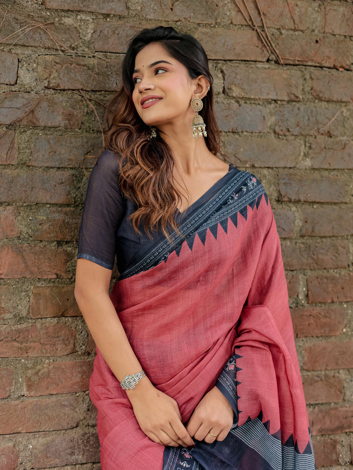 Rose Pink Mul Cotton Saree with Navy Blue Printed Border, Statement Pallu & Tassels | Office & Casual Wear