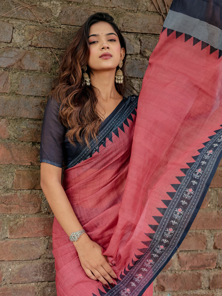 Rose Pink Mul Cotton Saree with Navy Blue Printed Border, Statement Pallu & Tassels | Office & Casual Wear