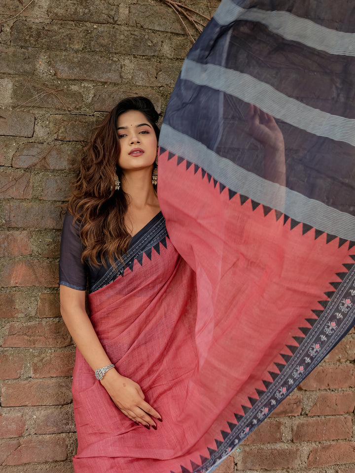 Rose Pink Mul Cotton Saree with Navy Blue Printed Border, Statement Pallu & Tassels | Office & Casual Wear