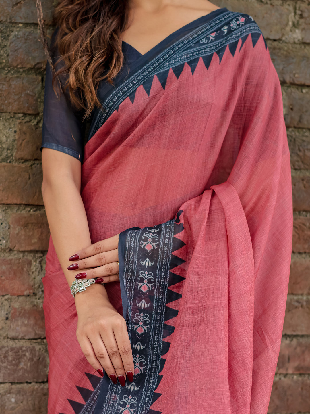 Rose Pink Mul Cotton Saree with Navy Blue Printed Border, Statement Pallu & Tassels | Office & Casual Wear