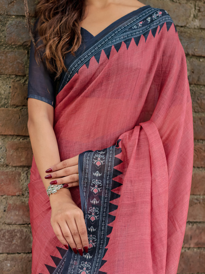 Rose Pink Mul Cotton Saree with Navy Blue Printed Border, Statement Pallu & Tassels | Office & Casual Wear