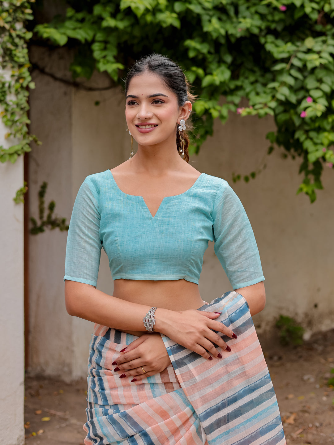 Multicolour Striped Mul Cotton Saree in Peach & Blue with Statement Pallu | Lightweight Office & Daily Wear Saree