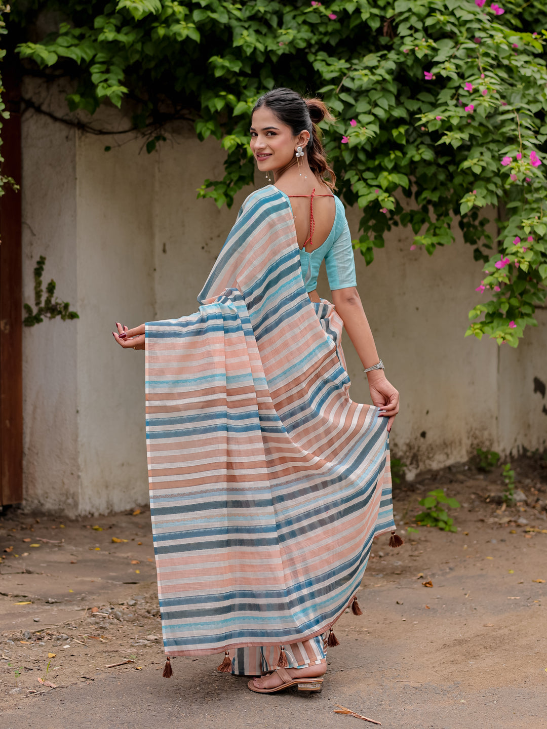 Multicolour Striped Mul Cotton Saree in Peach & Blue with Statement Pallu | Lightweight Office & Daily Wear Saree