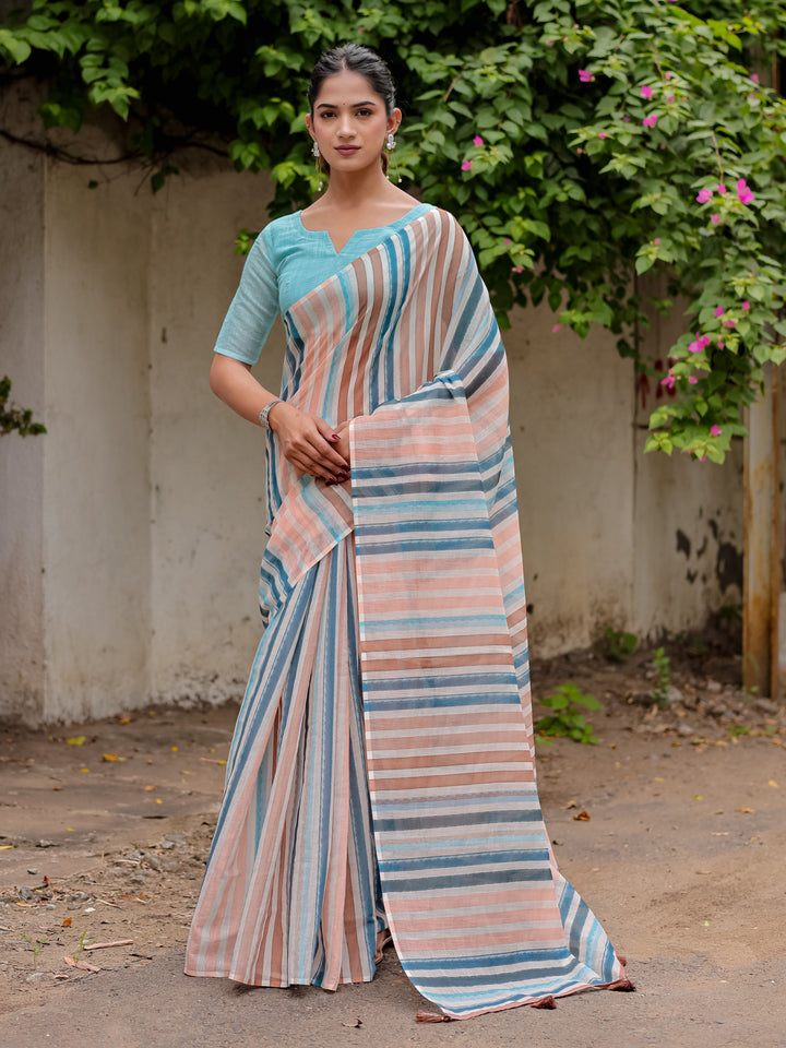 Multicolour Striped Mul Cotton Saree in Peach & Blue with Statement Pallu | Lightweight Office & Daily Wear Saree
