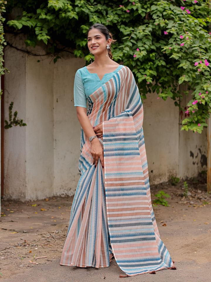 Multicolour Striped Mul Cotton Saree in Peach & Blue with Statement Pallu | Lightweight Office & Daily Wear Saree