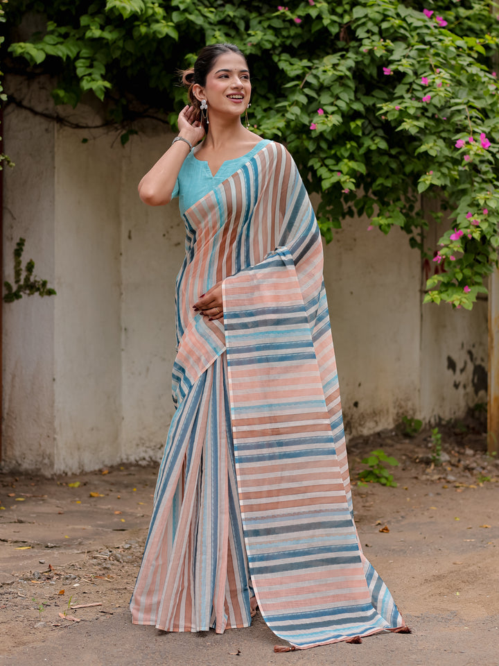 Multicolour Striped Mul Cotton Saree in Peach & Blue with Statement Pallu | Lightweight Office & Daily Wear Saree
