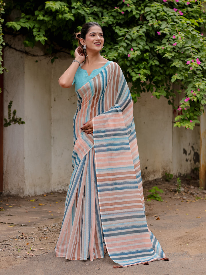 Multicolour Striped Mul Cotton Saree in Peach & Blue with Statement Pallu | Lightweight Office & Daily Wear Saree