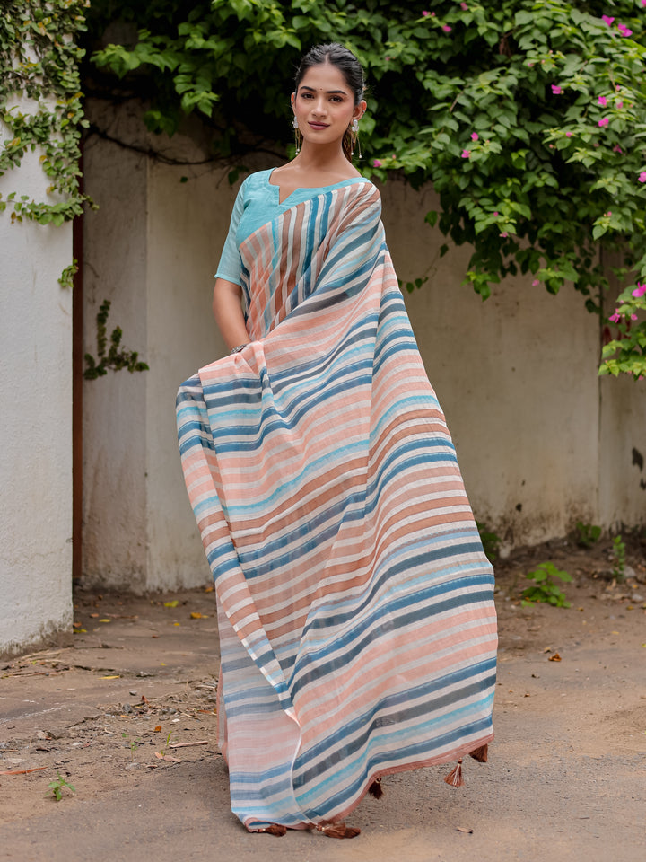 Multicolour Striped Mul Cotton Saree in Peach & Blue with Statement Pallu | Lightweight Office & Daily Wear Saree