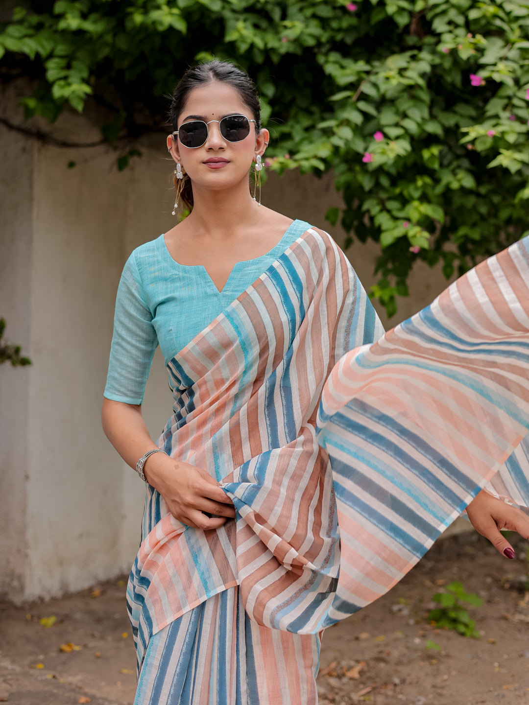 Multicolour Striped Mul Cotton Saree in Peach & Blue with Statement Pallu | Lightweight Office & Daily Wear Saree