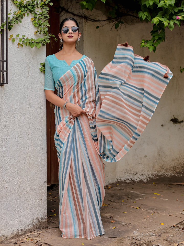 Multicolour Striped Mul Cotton Saree in Peach & Blue with Statement Pallu | Lightweight Office & Daily Wear Saree