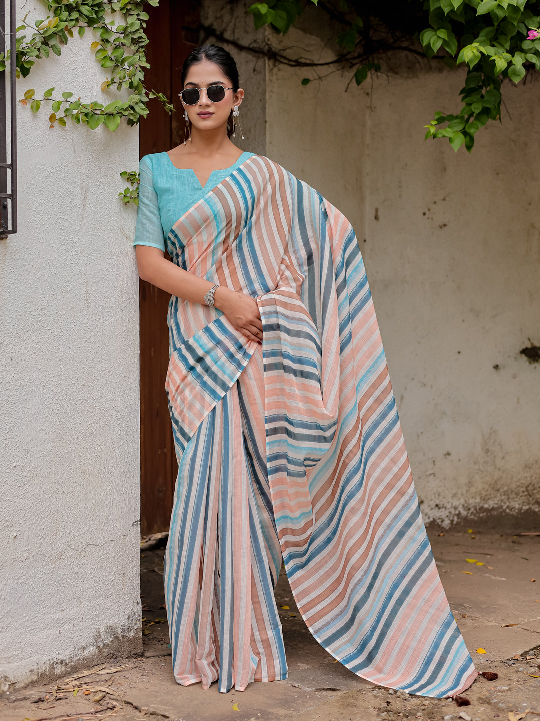 Multicolour Striped Mul Cotton Saree in Peach & Blue with Statement Pallu | Lightweight Office & Daily Wear Saree