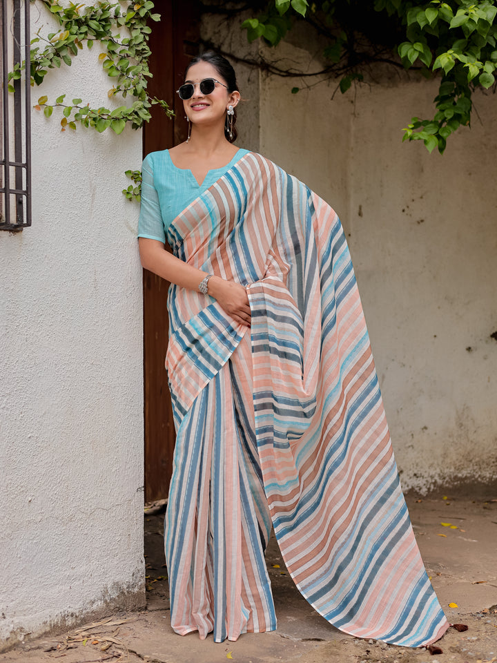 Multicolour Striped Mul Cotton Saree in Peach & Blue with Statement Pallu | Lightweight Office & Daily Wear Saree