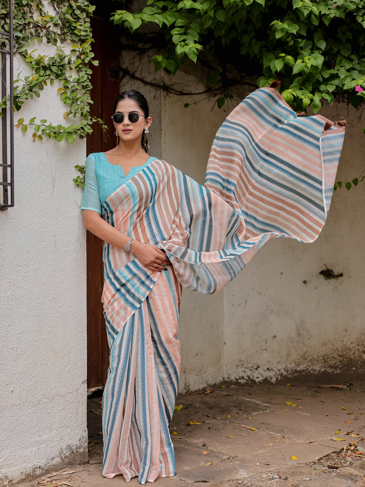 Multicolour Striped Mul Cotton Saree in Peach & Blue with Statement Pallu | Lightweight Office & Daily Wear Saree