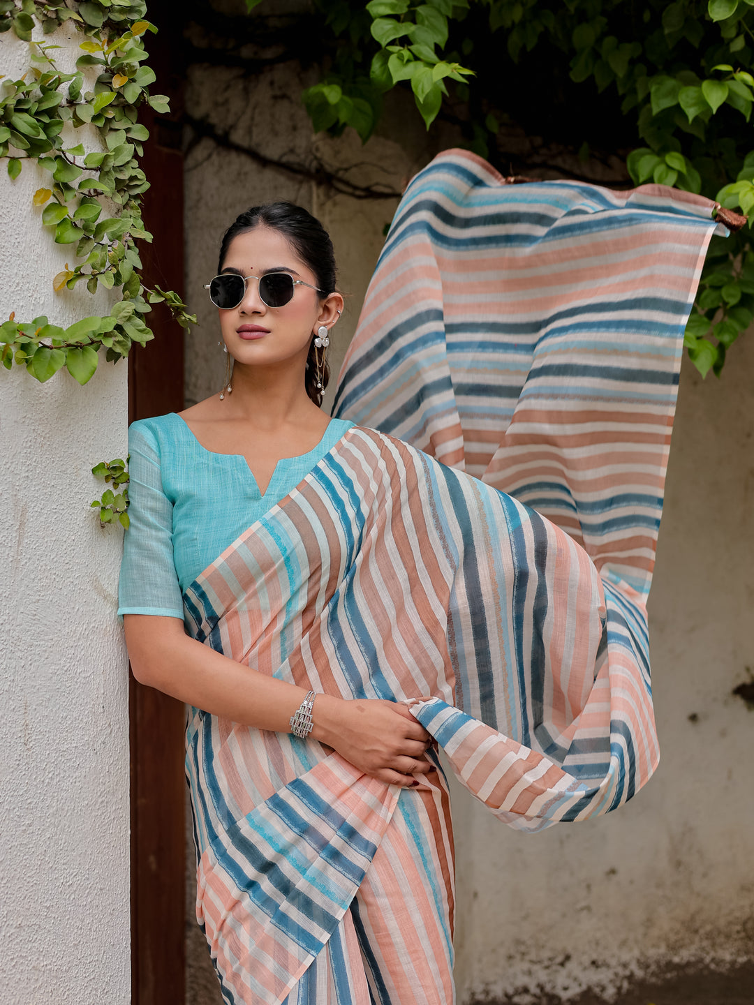 Multicolour Striped Mul Cotton Saree in Peach & Blue with Statement Pallu | Lightweight Office & Daily Wear Saree