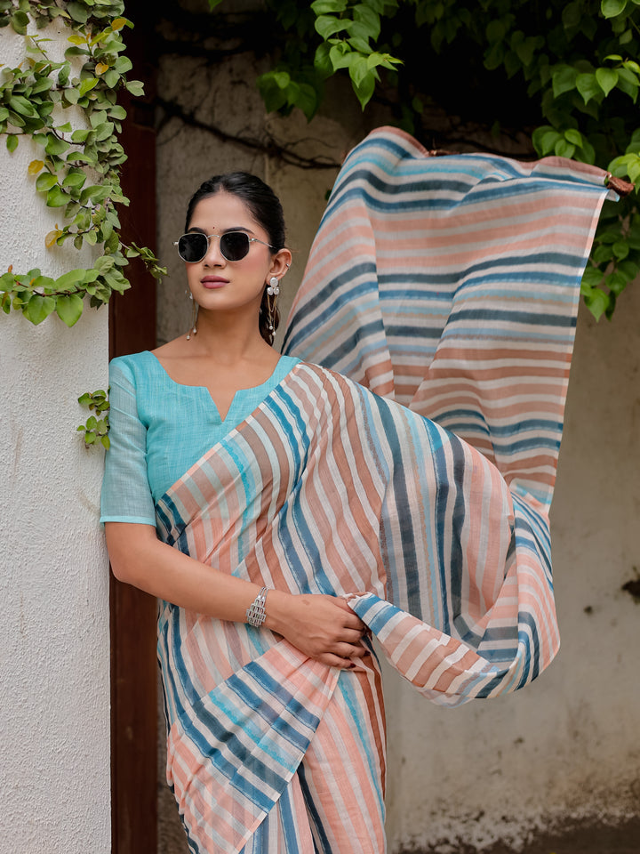 Multicolour Striped Mul Cotton Saree in Peach & Blue with Statement Pallu | Lightweight Office & Daily Wear Saree