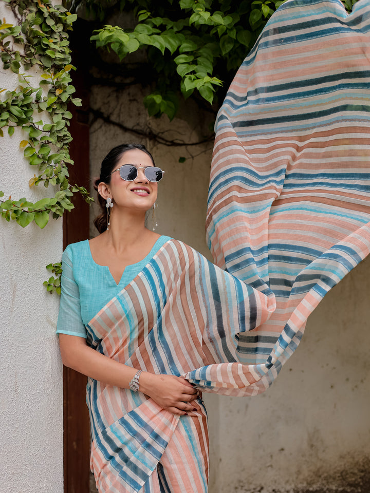 Multicolour Striped Mul Cotton Saree in Peach & Blue with Statement Pallu | Lightweight Office & Daily Wear Saree