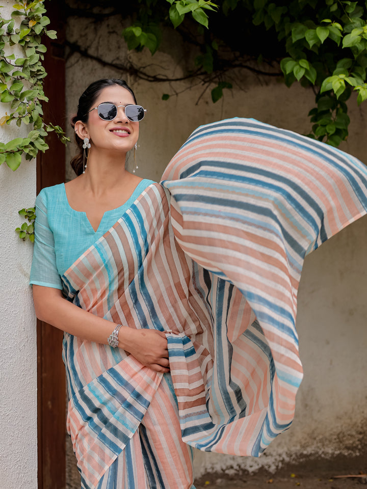 Multicolour Striped Mul Cotton Saree in Peach & Blue with Statement Pallu | Lightweight Office & Daily Wear Saree
