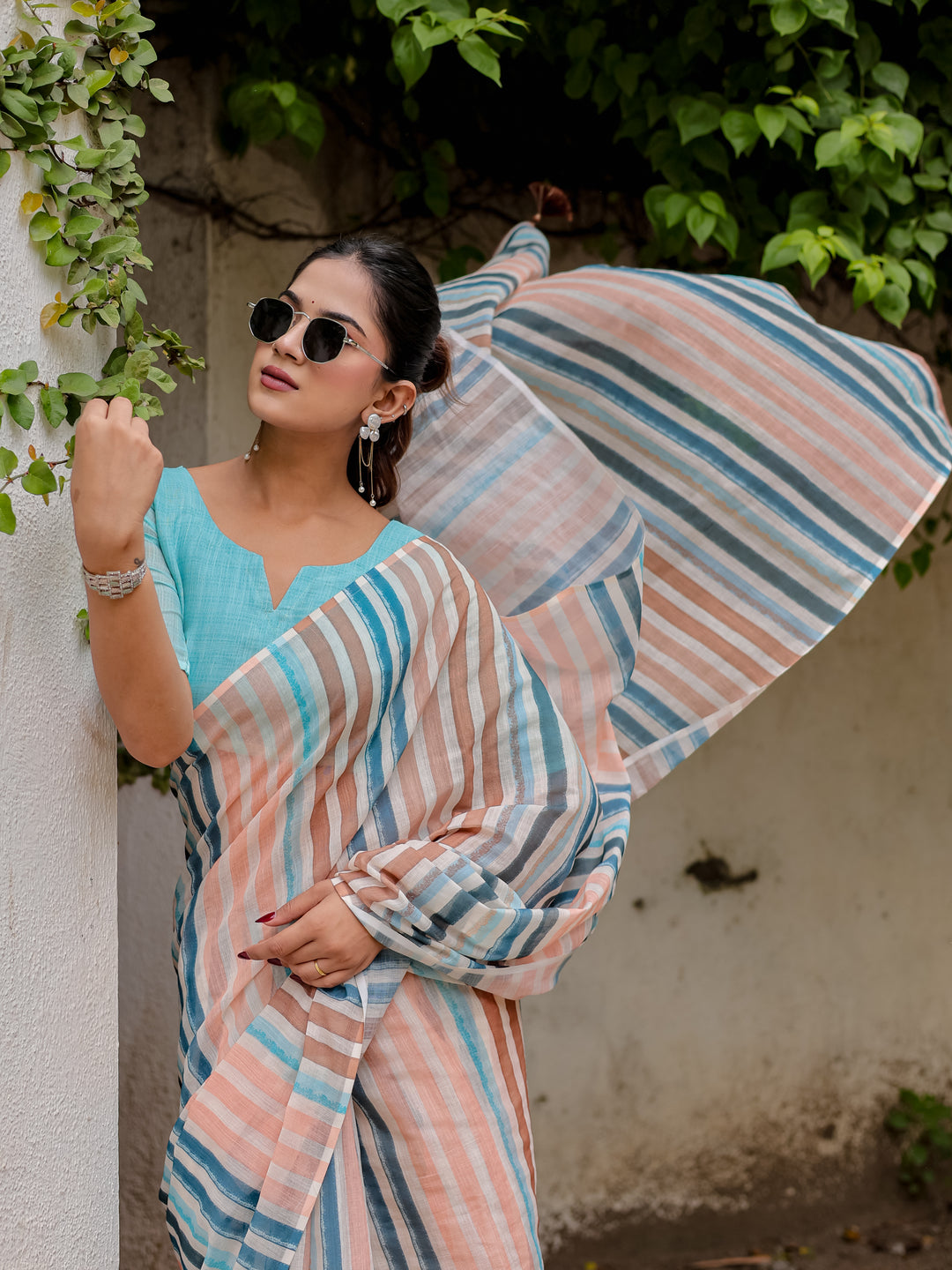Multicolour Striped Mul Cotton Saree in Peach & Blue with Statement Pallu | Lightweight Office & Daily Wear Saree