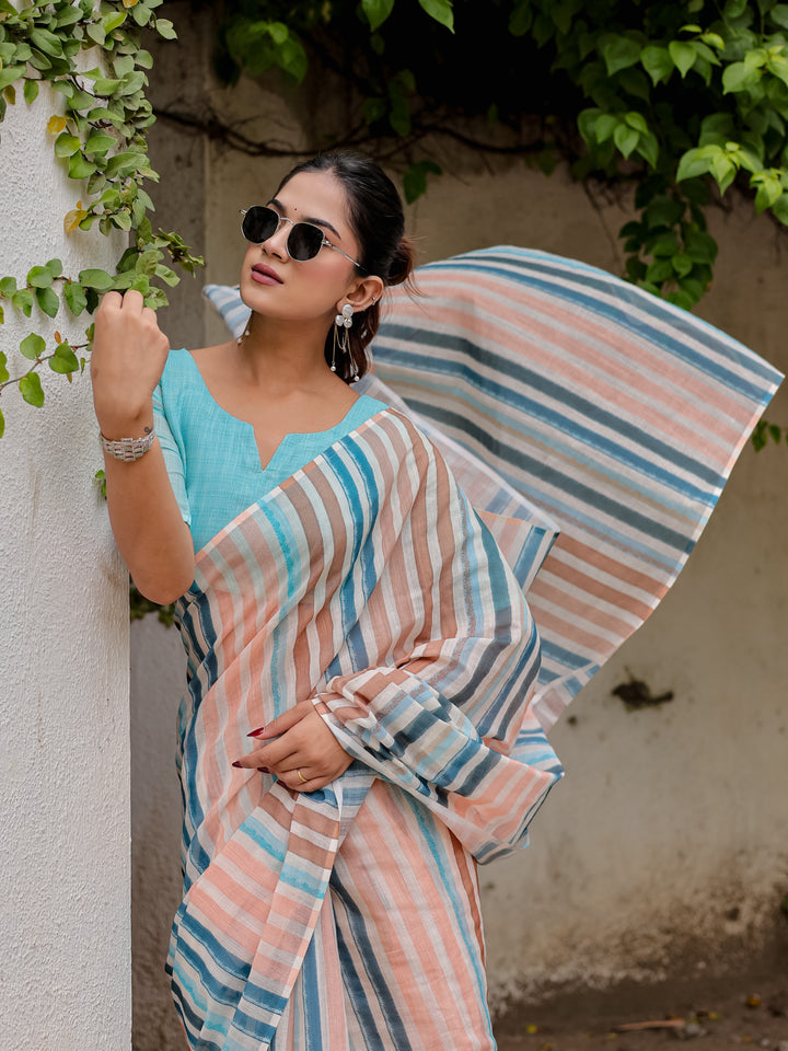 Multicolour Striped Mul Cotton Saree in Peach & Blue with Statement Pallu | Lightweight Office & Daily Wear Saree