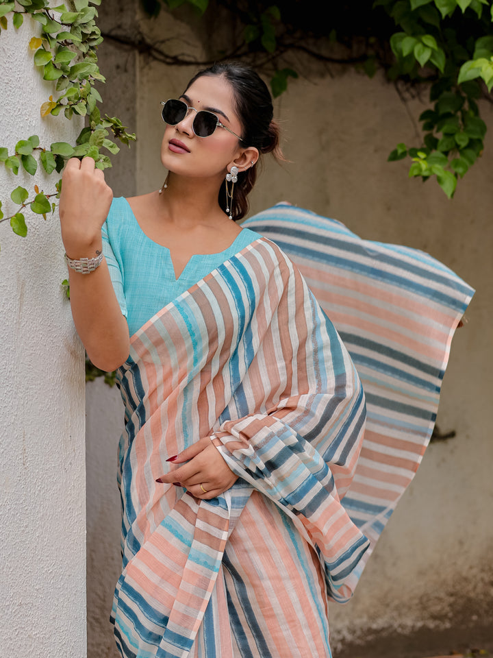Multicolour Striped Mul Cotton Saree in Peach & Blue with Statement Pallu | Lightweight Office & Daily Wear Saree