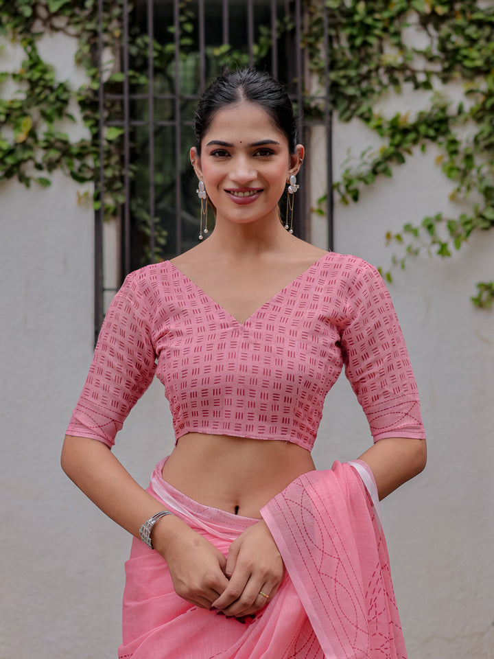 Blush Pink Mul Cotton Kantha-Inspired Saree with Artistic Statement Pallu | Elegant Office & Daily Wear Saree