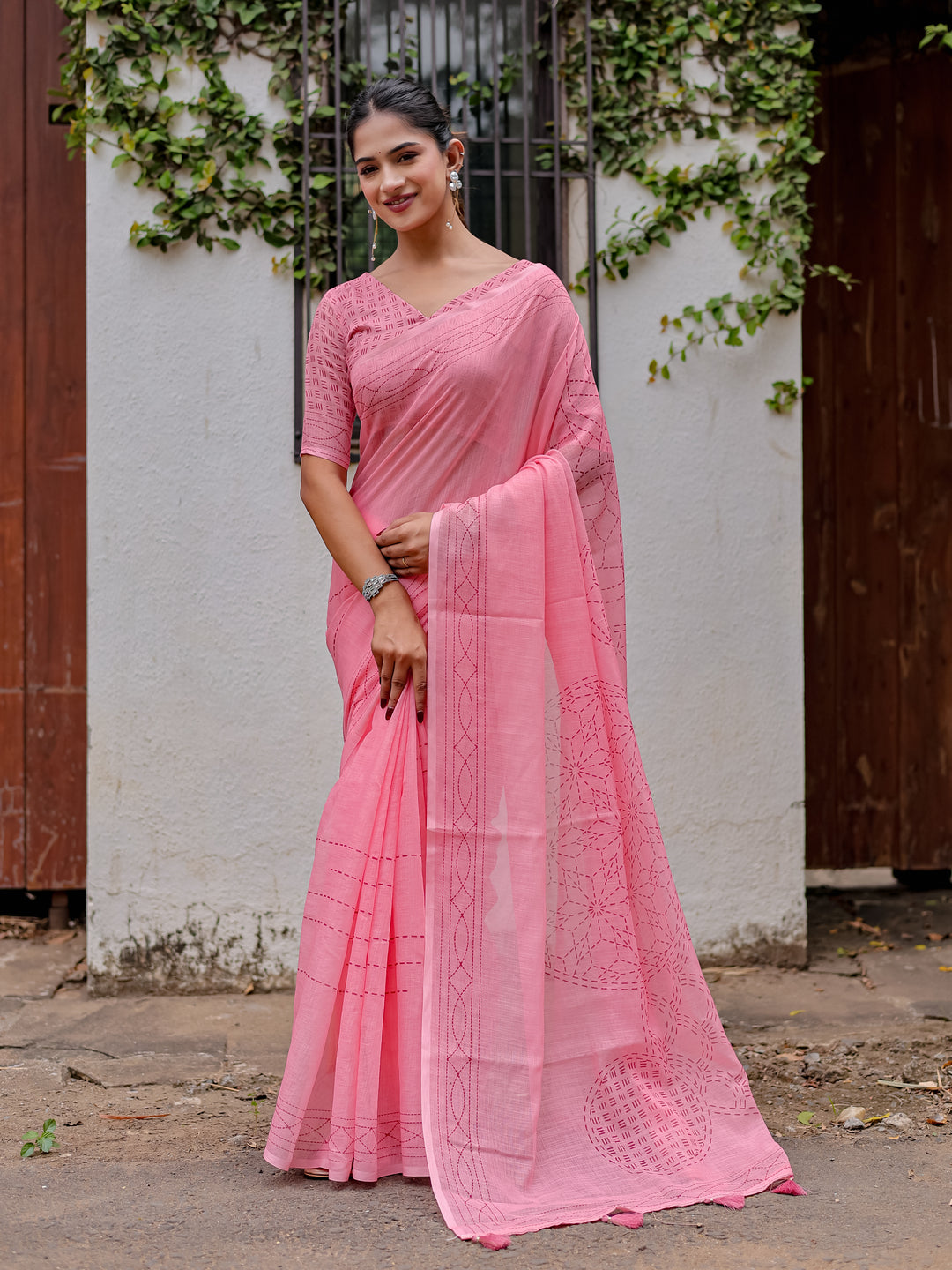 Blush Pink Mul Cotton Kantha-Inspired Saree with Artistic Statement Pallu | Elegant Office & Daily Wear Saree