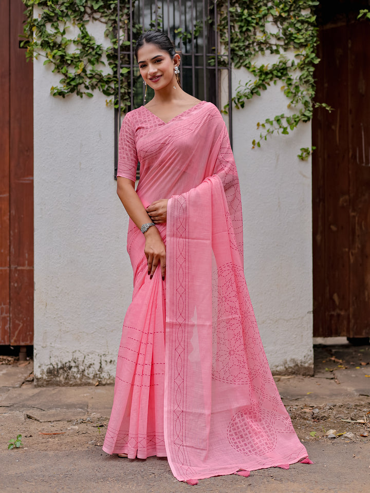 Blush Pink Mul Cotton Kantha-Inspired Saree with Artistic Statement Pallu | Elegant Office & Daily Wear Saree