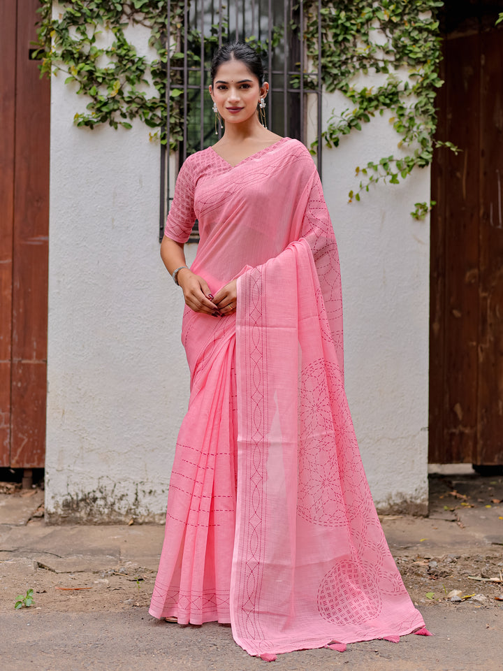 Blush Pink Mul Cotton Kantha-Inspired Saree with Artistic Statement Pallu | Elegant Office & Daily Wear Saree