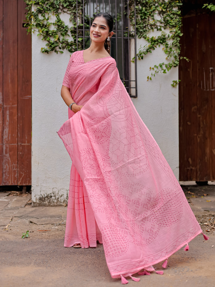 Blush Pink Mul Cotton Kantha-Inspired Saree with Artistic Statement Pallu | Elegant Office & Daily Wear Saree