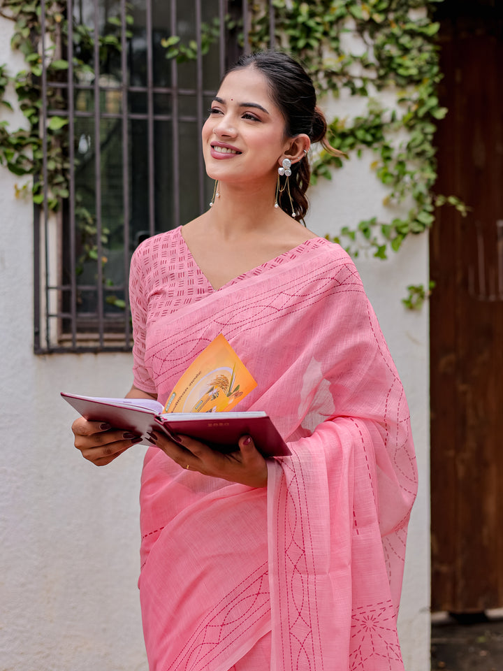 Blush Pink Mul Cotton Kantha-Inspired Saree with Artistic Statement Pallu | Elegant Office & Daily Wear Saree