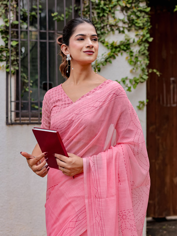 Blush Pink Mul Cotton Kantha-Inspired Saree with Artistic Statement Pallu | Elegant Office & Daily Wear Saree