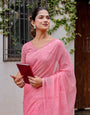 Blush Pink Mul Cotton Kantha-Inspired Saree with Artistic Statement Pallu | Elegant Office & Daily Wear Saree, Comes With Attached Blouse Piece