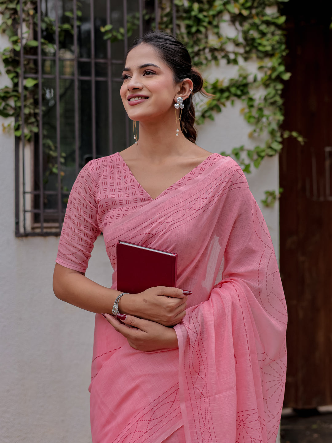 Blush Pink Mul Cotton Kantha-Inspired Saree with Artistic Statement Pallu | Elegant Office & Daily Wear Saree