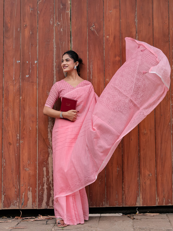 Blush Pink Mul Cotton Kantha-Inspired Saree with Artistic Statement Pallu | Elegant Office & Daily Wear Saree