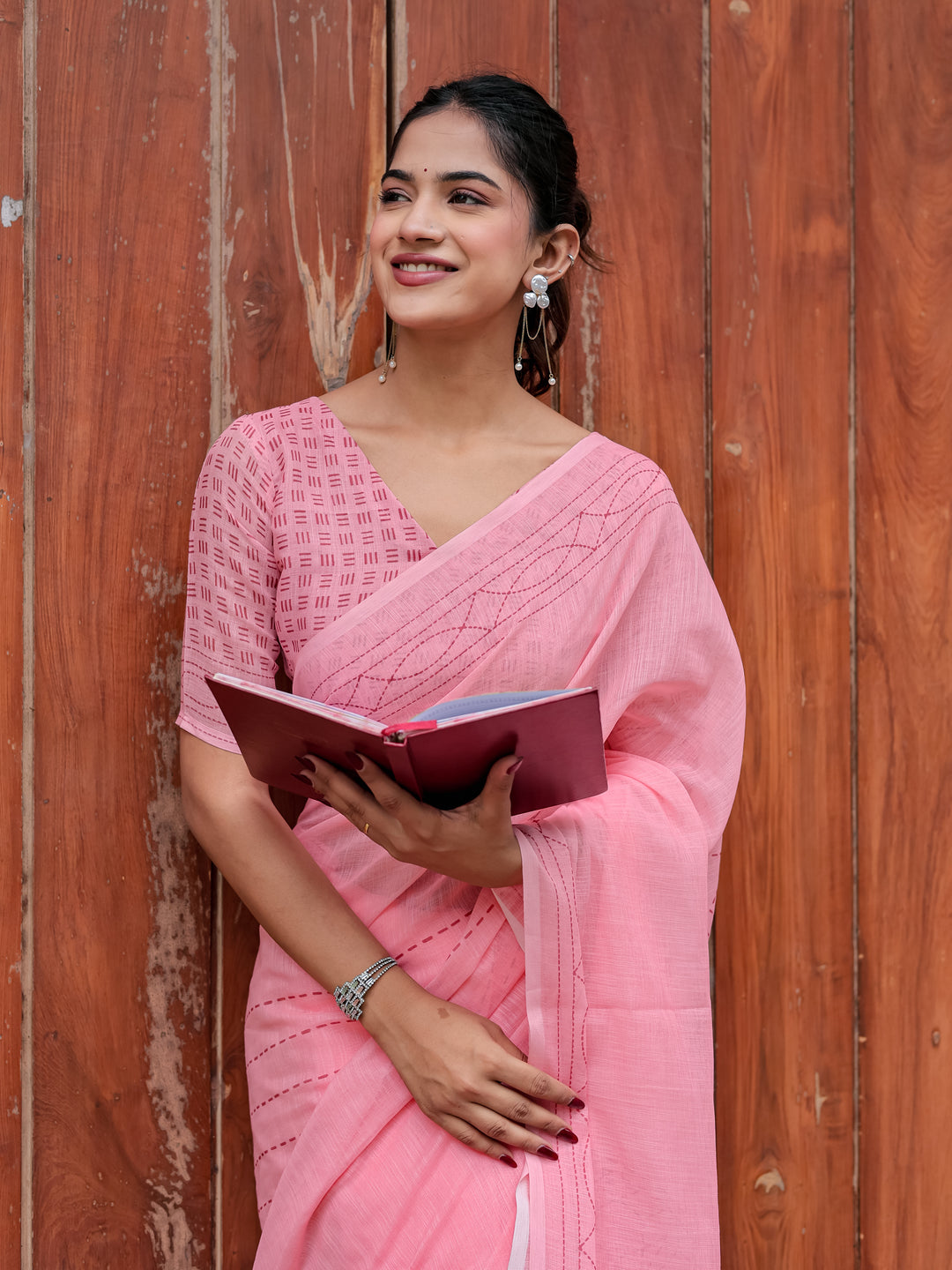 Blush Pink Mul Cotton Kantha-Inspired Saree with Artistic Statement Pallu | Elegant Office & Daily Wear Saree