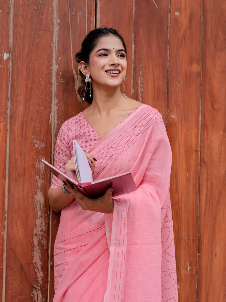 Blush Pink Mul Cotton Kantha-Inspired Saree with Artistic Statement Pallu | Elegant Office & Daily Wear Saree