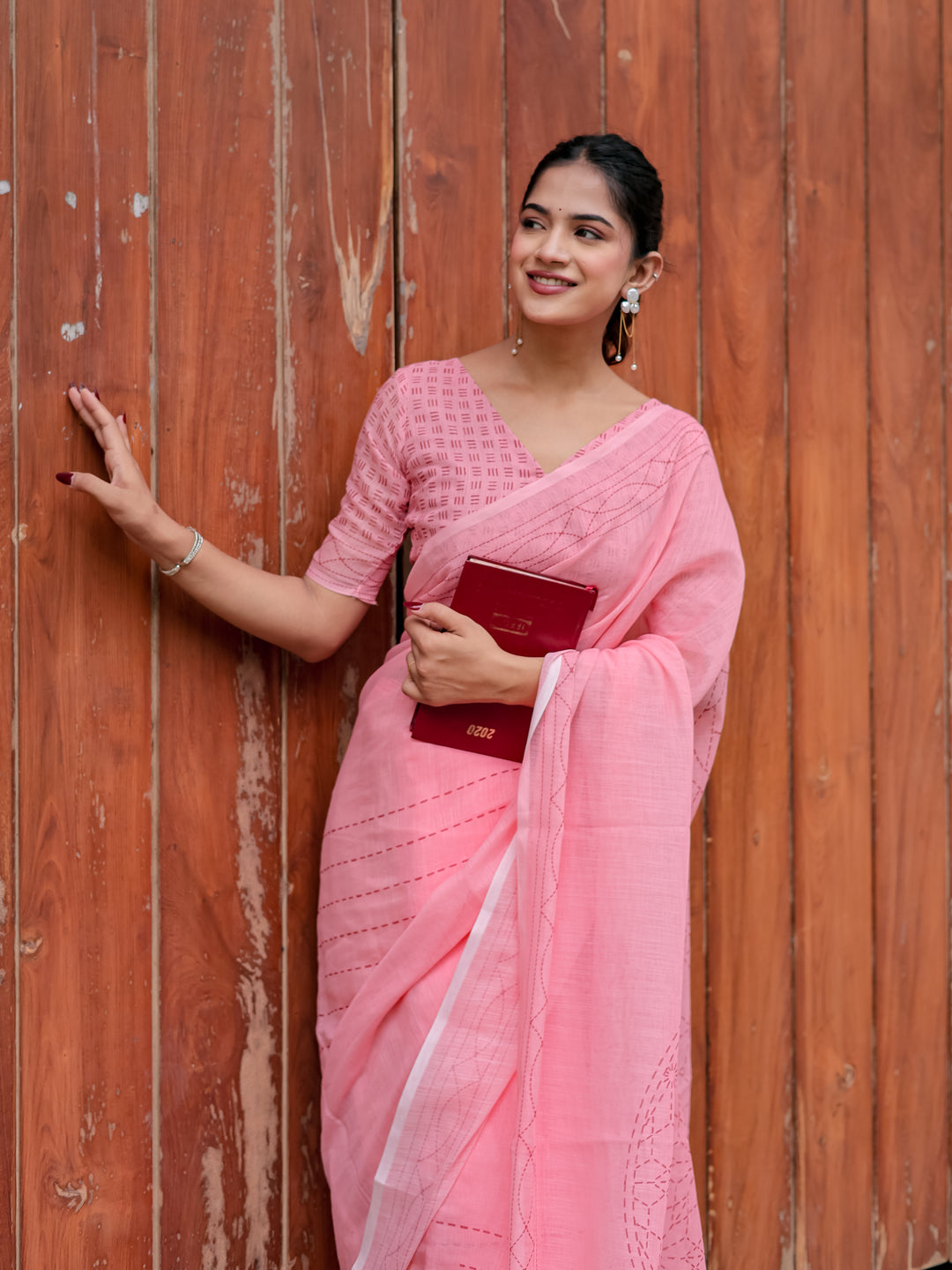 Blush Pink Mul Cotton Kantha-Inspired Saree with Artistic Statement Pallu | Elegant Office & Daily Wear Saree