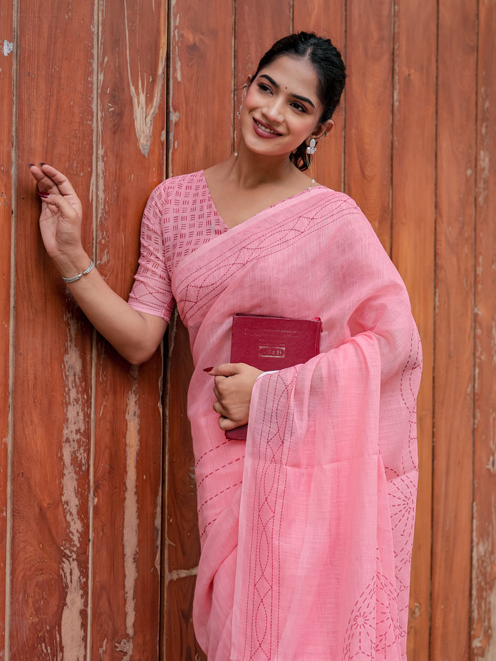 Blush Pink Mul Cotton Kantha-Inspired Saree with Artistic Statement Pallu | Elegant Office & Daily Wear Saree