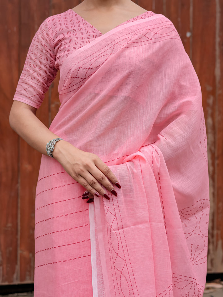 Blush Pink Mul Cotton Kantha-Inspired Saree with Artistic Statement Pallu | Elegant Office & Daily Wear Saree
