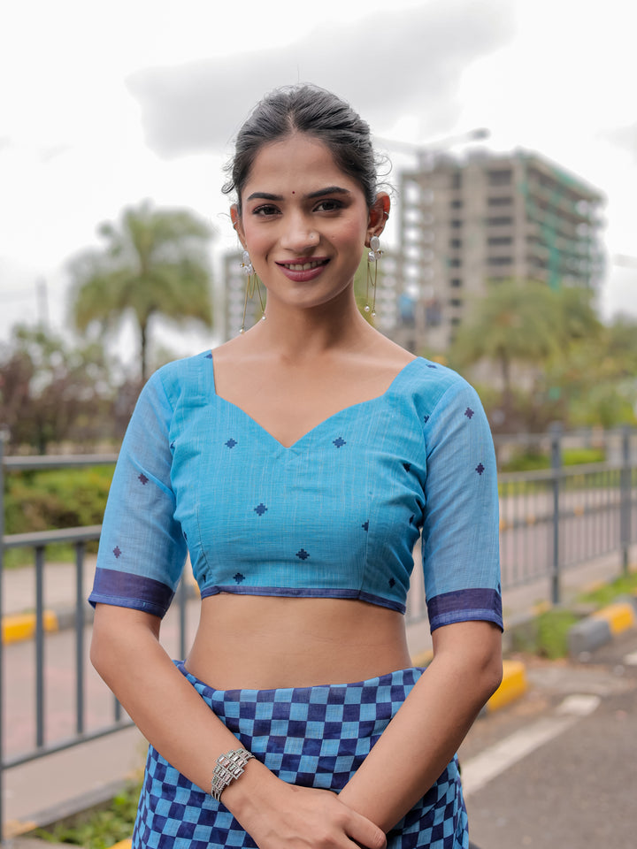 Blue Mul Cotton Checkered Print Saree with Geometric Statement Pallu & Tassels | Office & Casual Wear