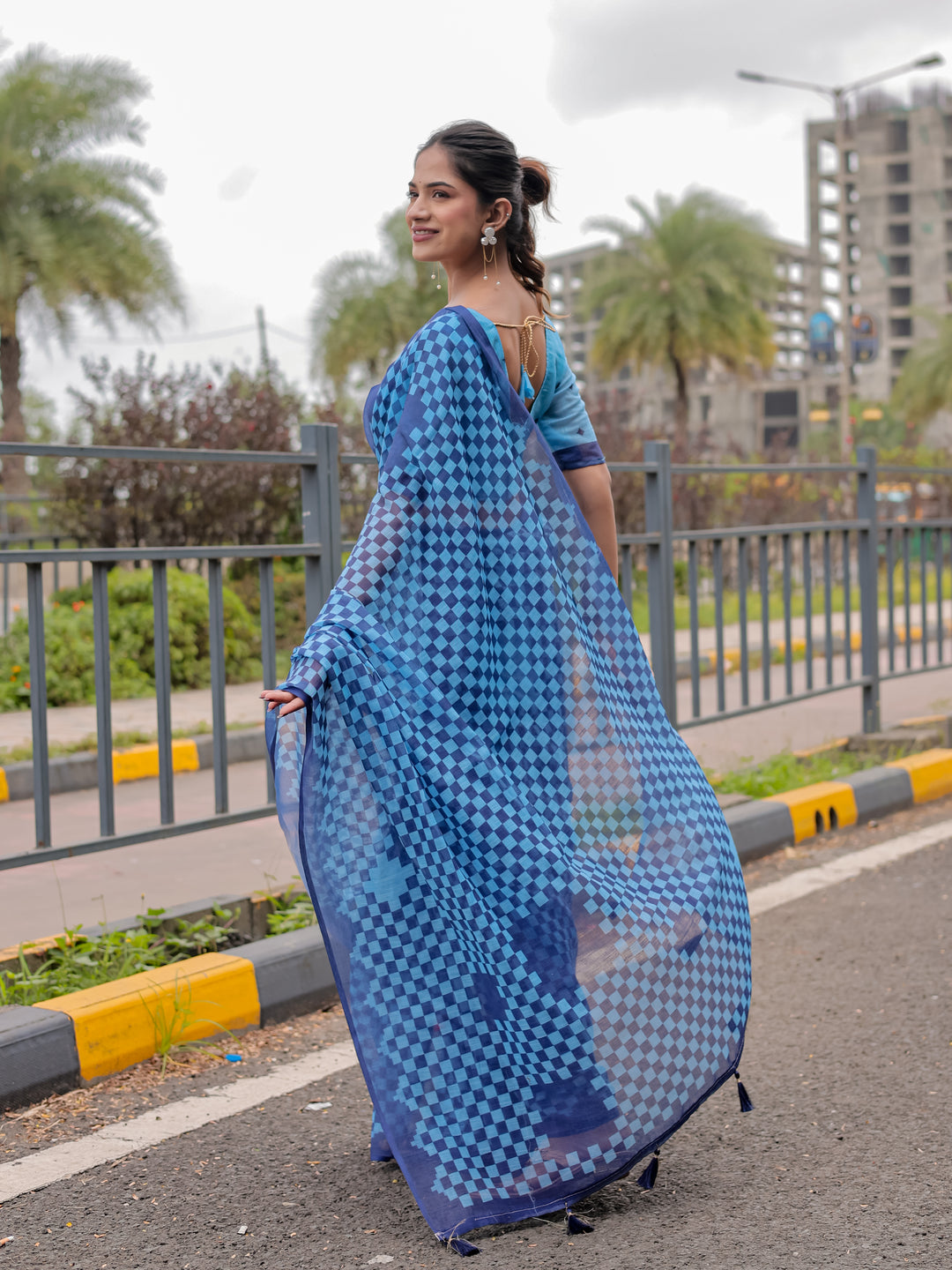 Blue Mul Cotton Checkered Print Saree with Geometric Statement Pallu & Tassels | Office & Casual Wear